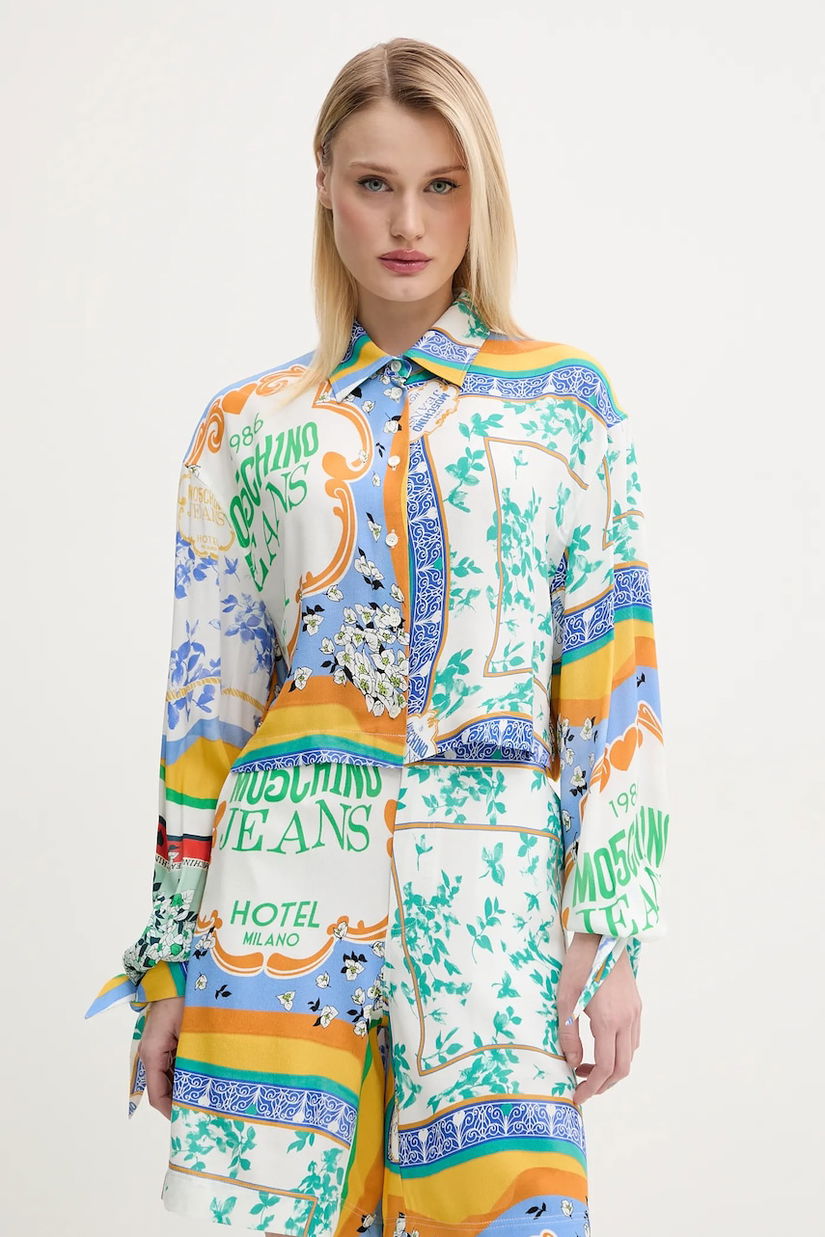 Moschino Jeans camasa femei, culoarea alb, cu guler clasic, relaxed, 0217 3735