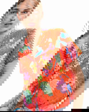 Desigual camasa din bumbac femei, culoarea rosu, cu guler clasic, relaxed