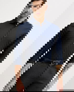 Joop! cămașă din bumbac culoarea bleumarin, cu guler clasic, slim, 30101700