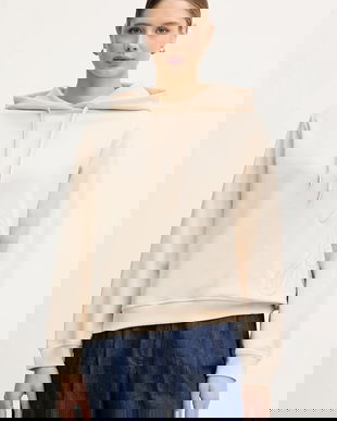 Joop! bluză culoarea bej, cu glugă, cu imprimeu, 30100249