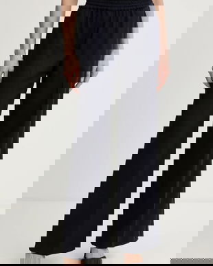 Weekend Max Mara pantaloni  de lână MALLO culoarea bleumarin, lat, high waist, 2615131071600