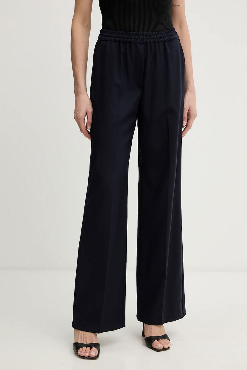 Weekend Max Mara pantaloni  de lână MALLO culoarea bleumarin, lat, high waist, 2615131071600
