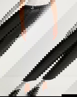 Weekend Max Mara pantaloni de piele PAGANO culoarea negru, fason chinos, high waist, 2615431011600