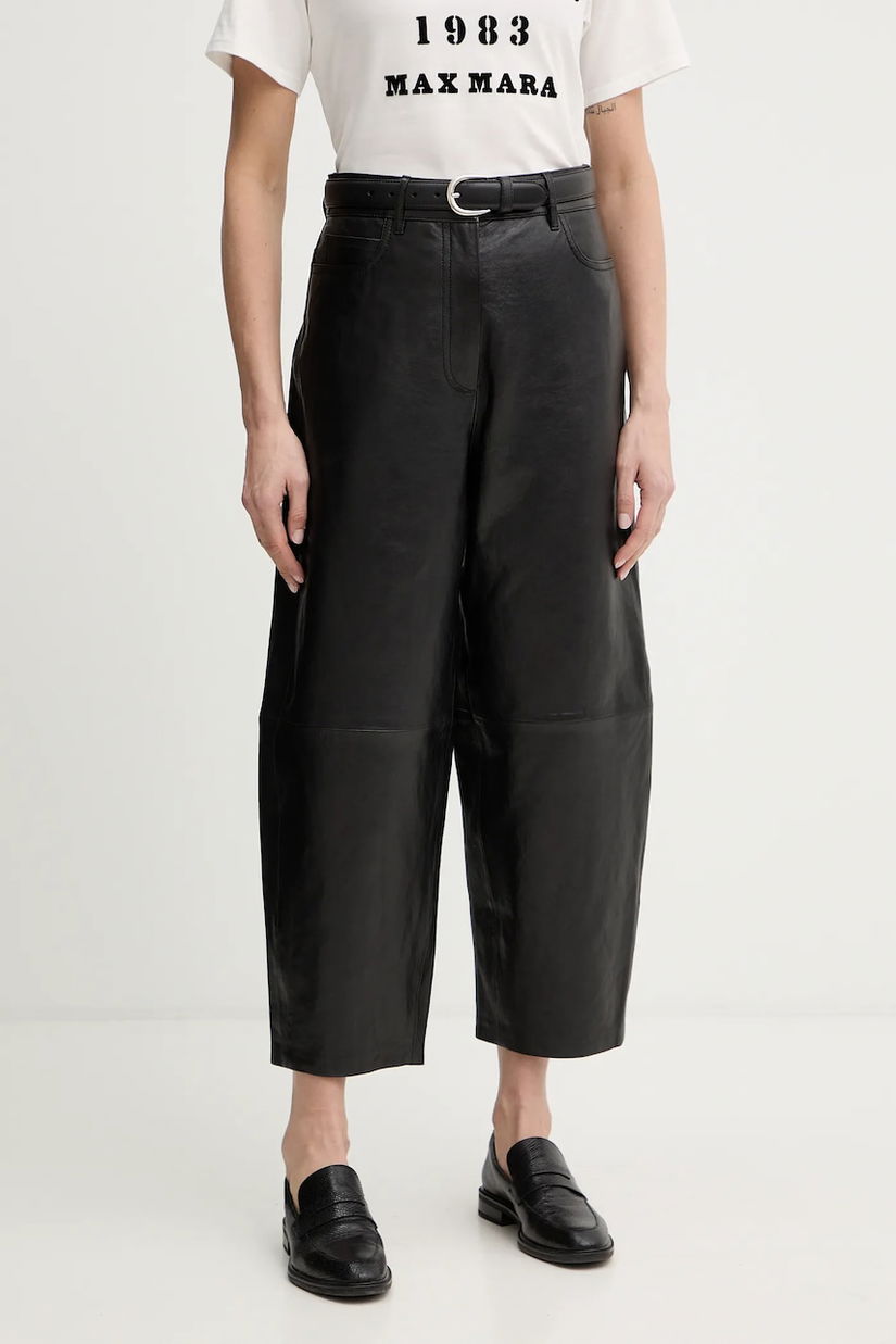 Weekend Max Mara pantaloni de piele PAGANO culoarea negru, fason chinos, high waist, 2615431011600