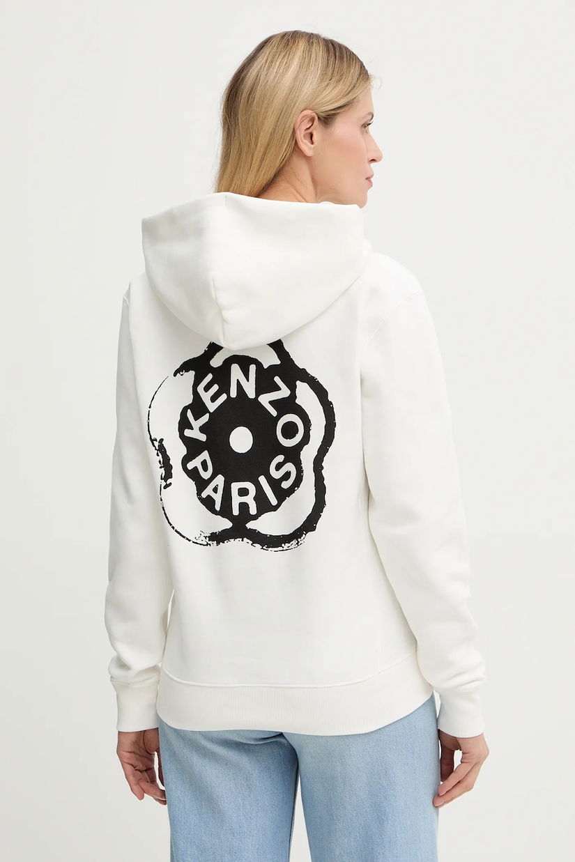 Kenzo hanorac de bumbac culoarea alb, cu glugă, cu imprimeu, FG52HO2064MB