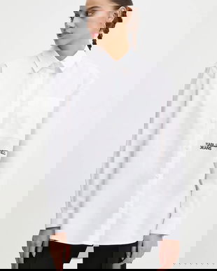 Karl Lagerfeld Jeans cămașă din bumbac femei, culoarea bej, cu guler clasic, relaxed, A1W11001