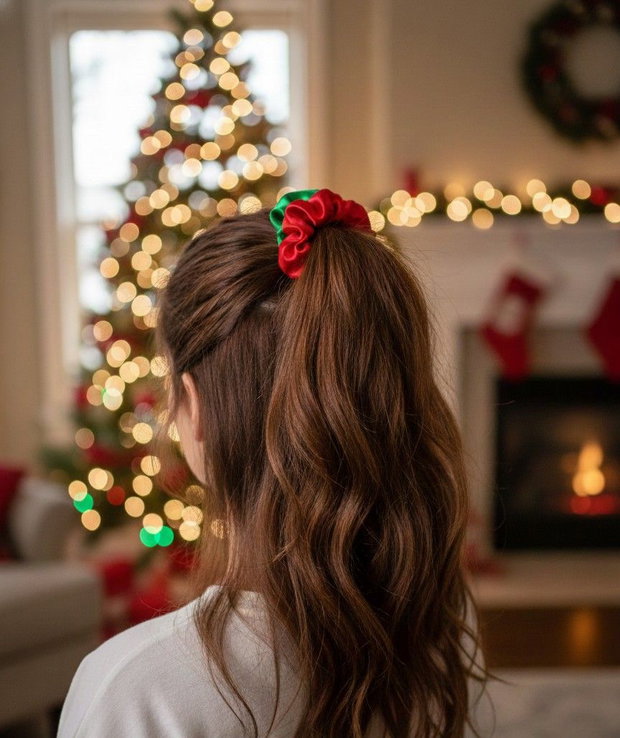 Crăciun Scrunchie Festiv Roșu & Verde Accesoriu de Păr Satinat