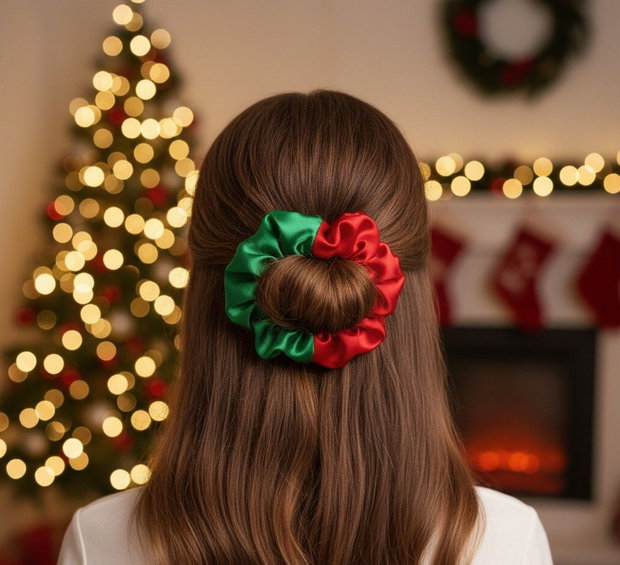 Crăciun Scrunchie Festiv Roșu & Verde Accesoriu de Păr Satinat