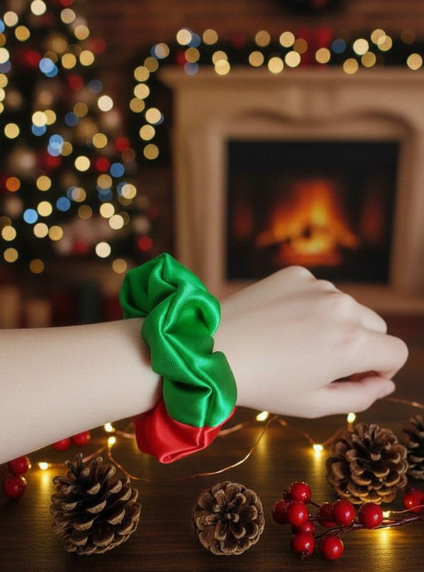 Crăciun Scrunchie Festiv Roșu & Verde Accesoriu de Păr Satinat