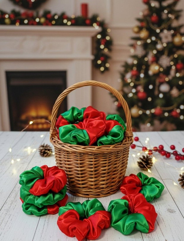 Crăciun Scrunchie Festiv Roșu & Verde Accesoriu de Păr Satinat