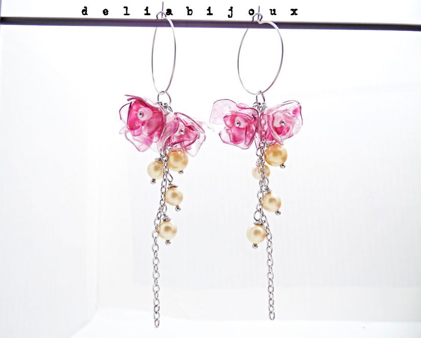 Cercei statement handmade unicat - PET-uri (plastic) reciclate - flori (cod1353)