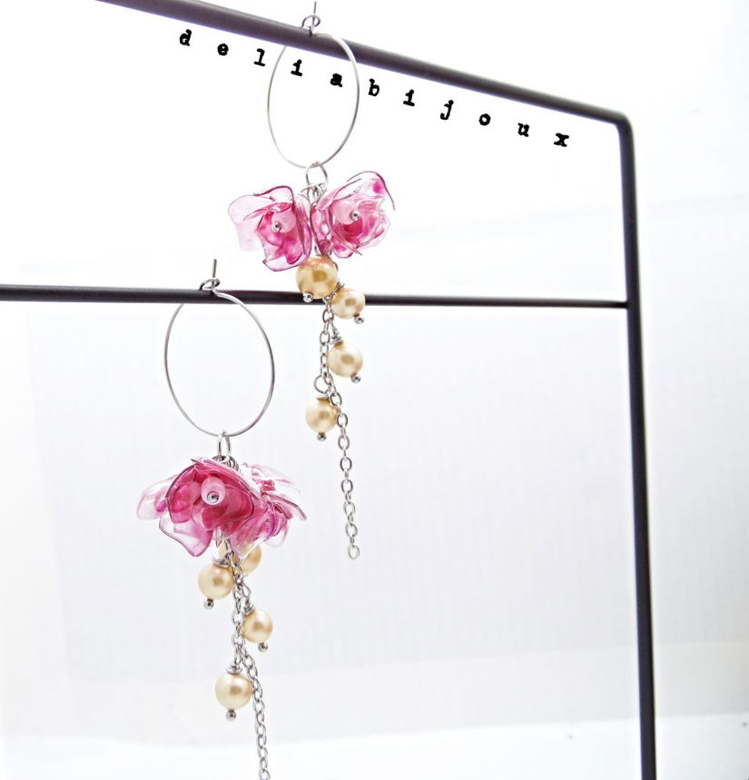 Cercei statement handmade unicat - PET-uri (plastic) reciclate - flori (cod1353)