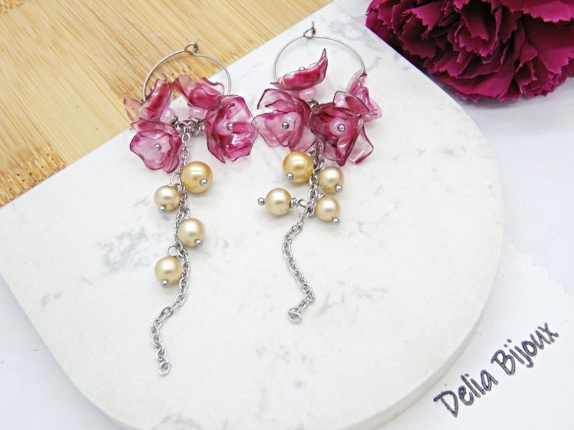 Cercei statement handmade unicat - PET-uri (plastic) reciclate - flori (cod1353)