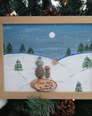 Cadou / Tablou pietre [Pebble art] peisaj iarna personalizat Cea mai buna Bunica