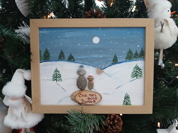 Cadou / Tablou pietre [Pebble art] peisaj iarna personalizat Cea mai buna Bunica