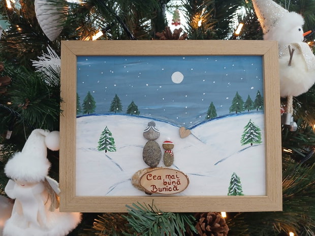 Cadou / Tablou pietre [Pebble art] peisaj iarna personalizat Cea mai buna Bunica