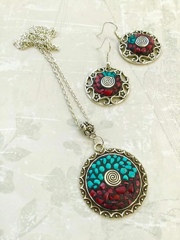 Set Nepalez turcoaz & coral rosu