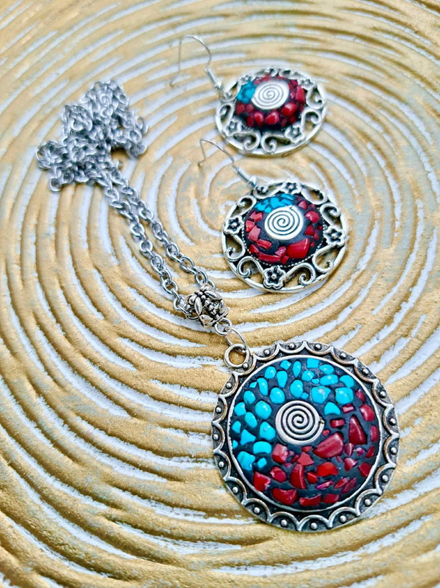 Set Nepalez turcoaz & coral rosu