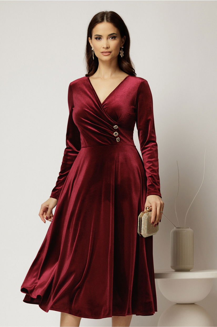 Rochie midi din catifea bordo cu bustul petrecut si nasturi eleganti