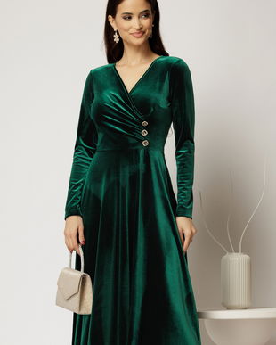 Rochie midi din catifea verde cu bustul petrecut si nasturi eleganti