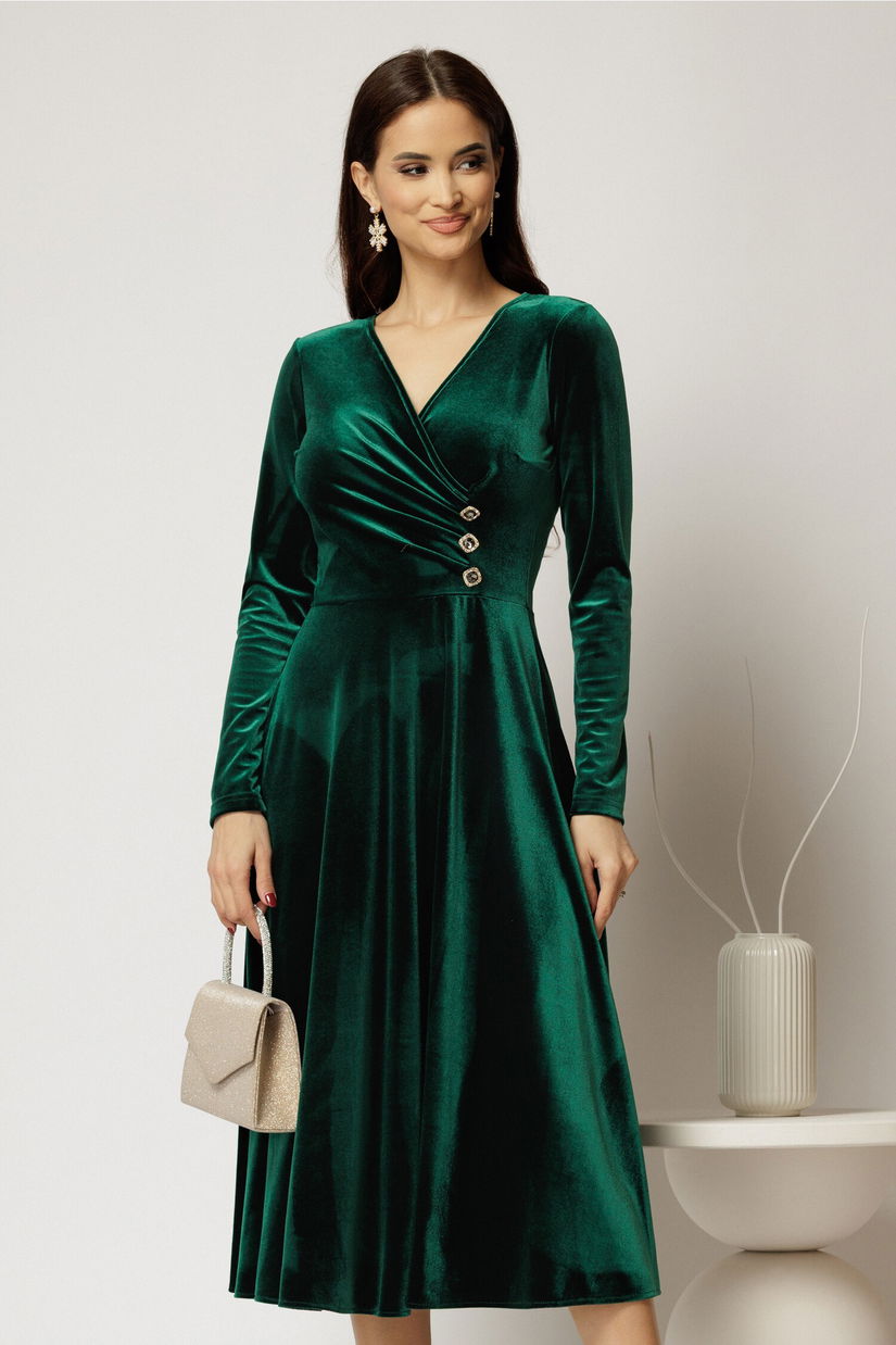 Rochie midi din catifea verde cu bustul petrecut si nasturi eleganti