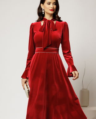 Rochie DY Fashion bordo din catifea cu perlute la decolteu si cordon detasabil