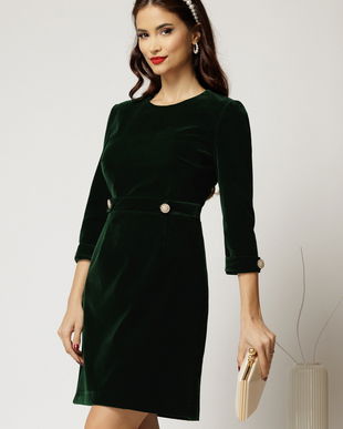 Rochie DY Fashion din catifea fixa verde cu nasturi pe talie