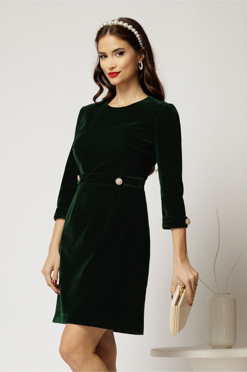 Rochie DY Fashion din catifea fixa verde cu nasturi pe talie