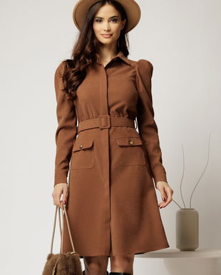 Rochie DY Fashion maro din catifea reiata tip camasa si curea in talie