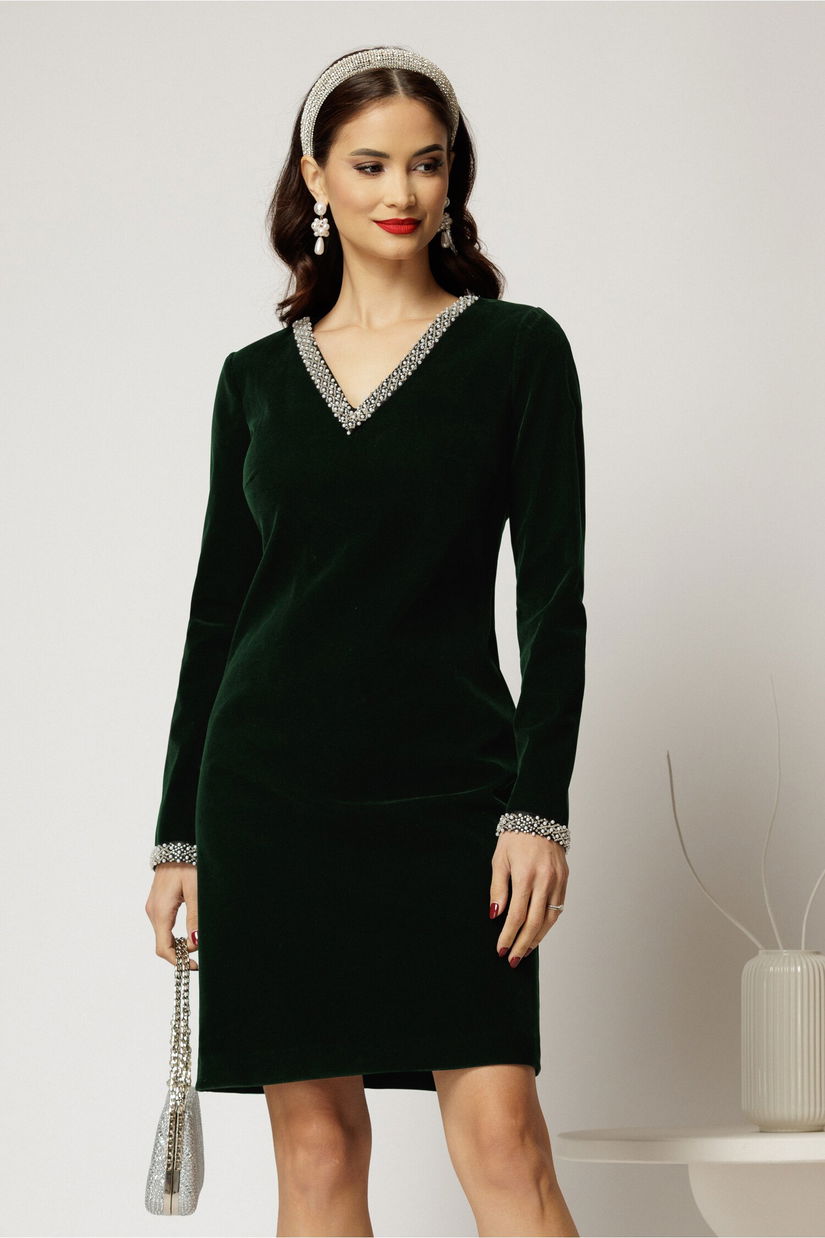 Rochie DY Fashion verde din catifea fixa cu perle la decolteu si maneci