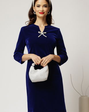 Rochie DY Fashion scurta bleumarin din catifea fixa cu funda perla
