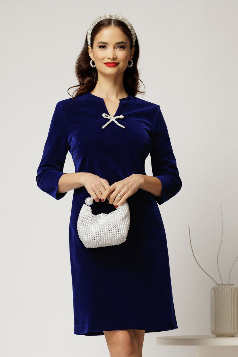Rochie DY Fashion scurta bleumarin din catifea fixa cu funda perla