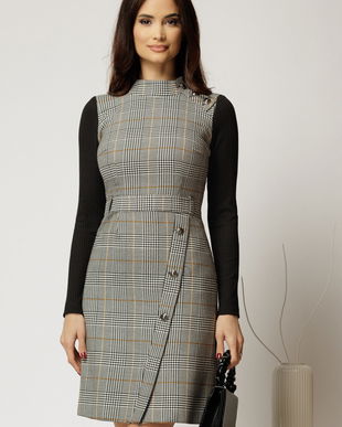 Rochie scurta in carouri gri cu nasturi pe fusta