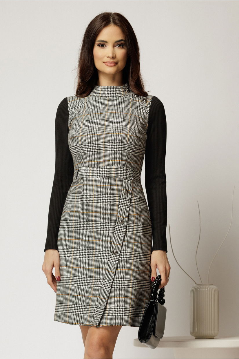 Rochie scurta in carouri gri cu nasturi pe fusta