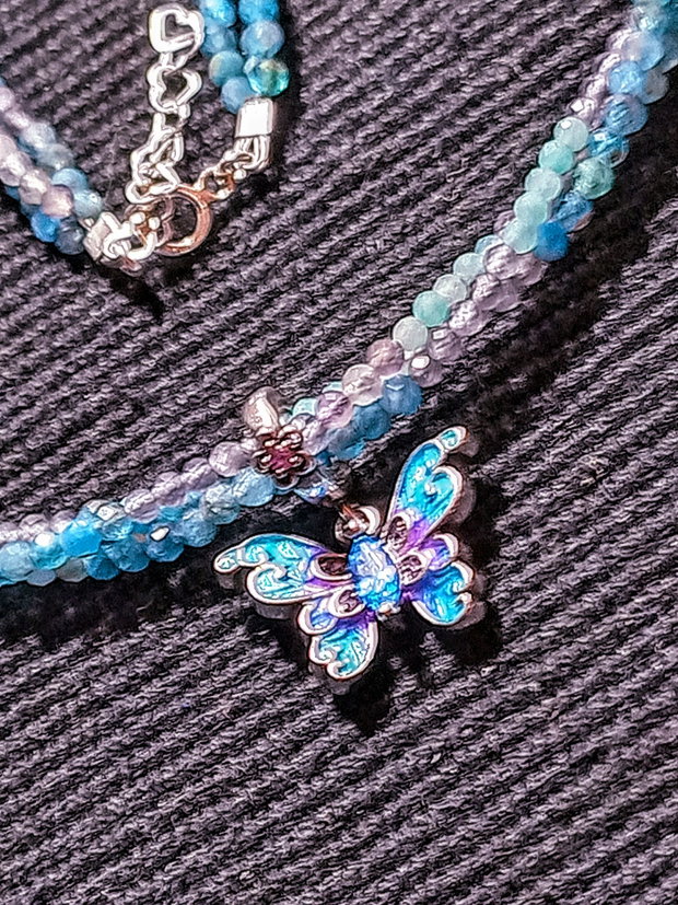 Colier argint X3 apatit amazonit ametist charm argint fluture emailat nuante minimalist boho chic trendy cadou -Transport gratuit