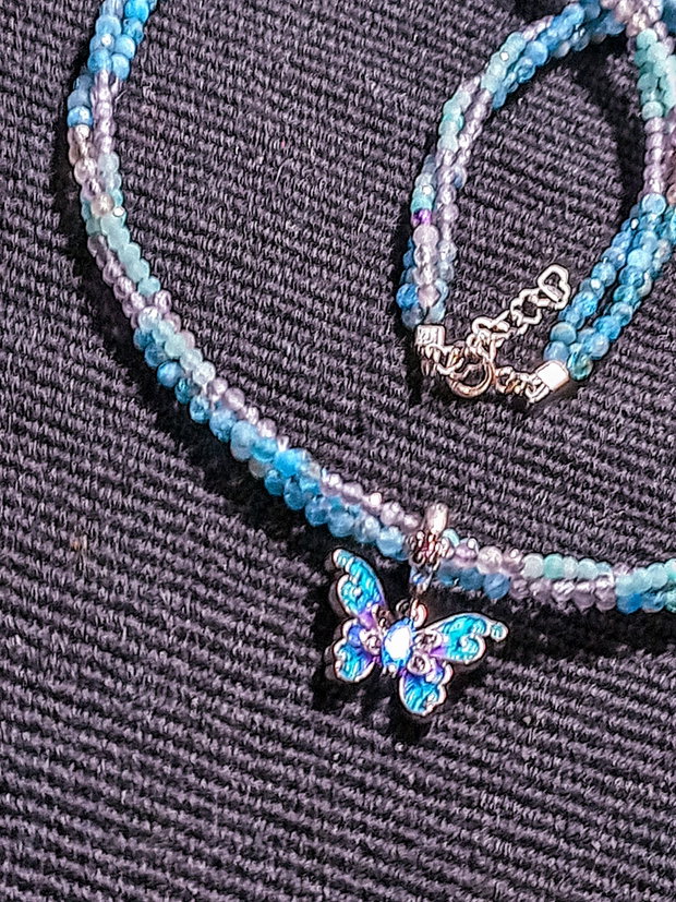 Colier argint X3 apatit amazonit ametist charm argint fluture emailat nuante minimalist boho chic trendy cadou -Transport gratuit
