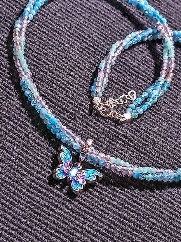 Colier argint X3 apatit amazonit ametist charm argint fluture emailat nuante minimalist boho chic trendy cadou -Transport gratuit