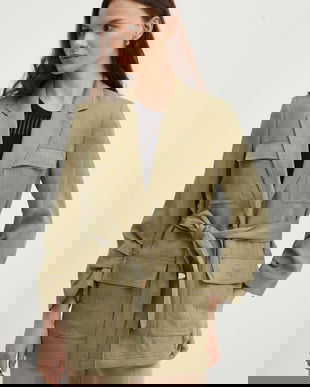 Dkny sacou femei, culoarea bej, un singur rand de nasturi, neted, P4DCTX65