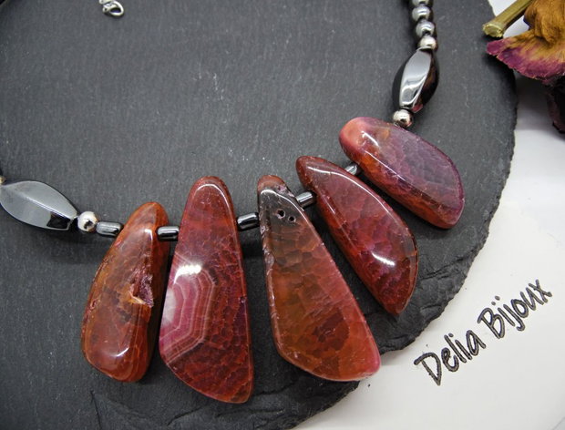 Colier Statement Handmade din Agate si hematit- design modern, elegant și plin de personalitate (cod1354)