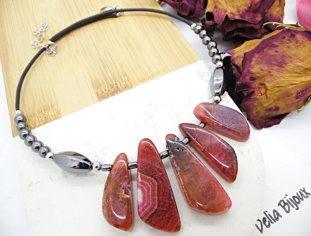 Colier Statement Handmade din Agate si hematit- design modern, elegant și plin de personalitate (cod1354)