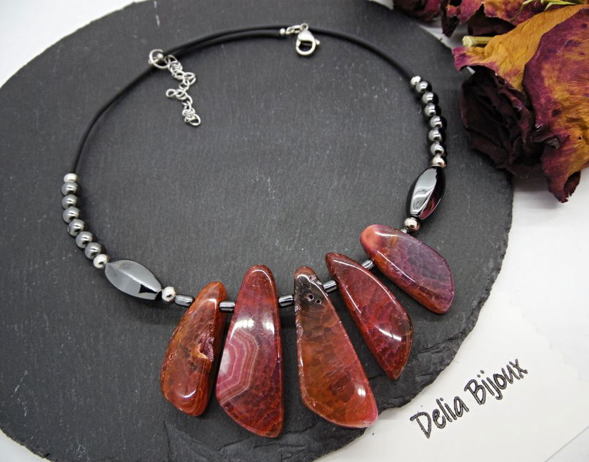 Colier Statement Handmade din Agate si hematit- design modern, elegant și plin de personalitate (cod1354)