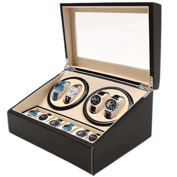 Cutie intors ceasuri automatice, Luxury 4+6, Ava-Stars &reg;, Interior catifea, Exterior Piele, Negru