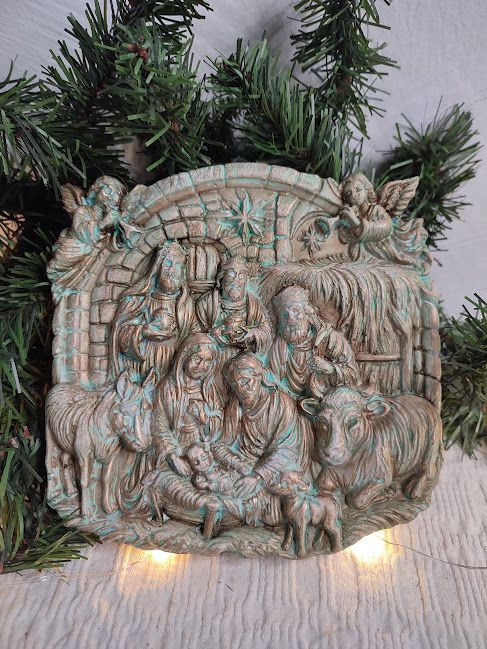 Decoratiune vintage Scenă Nașterea Domnului, patinată artistic
