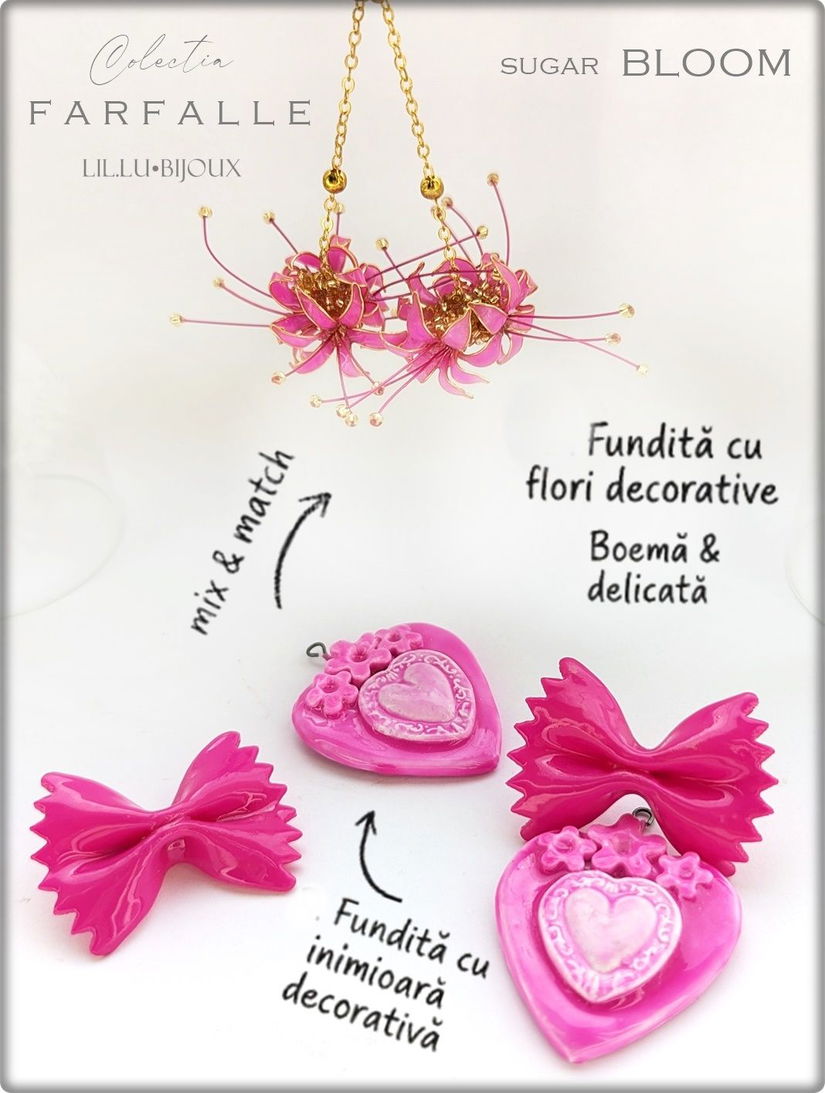 Cercei Handmade Farfalle Sugar Bloom Cercei 3 in1 cu Fundiță, Inimă și Flori, Bijuterii Unicat LIL.LU.BIJOUX