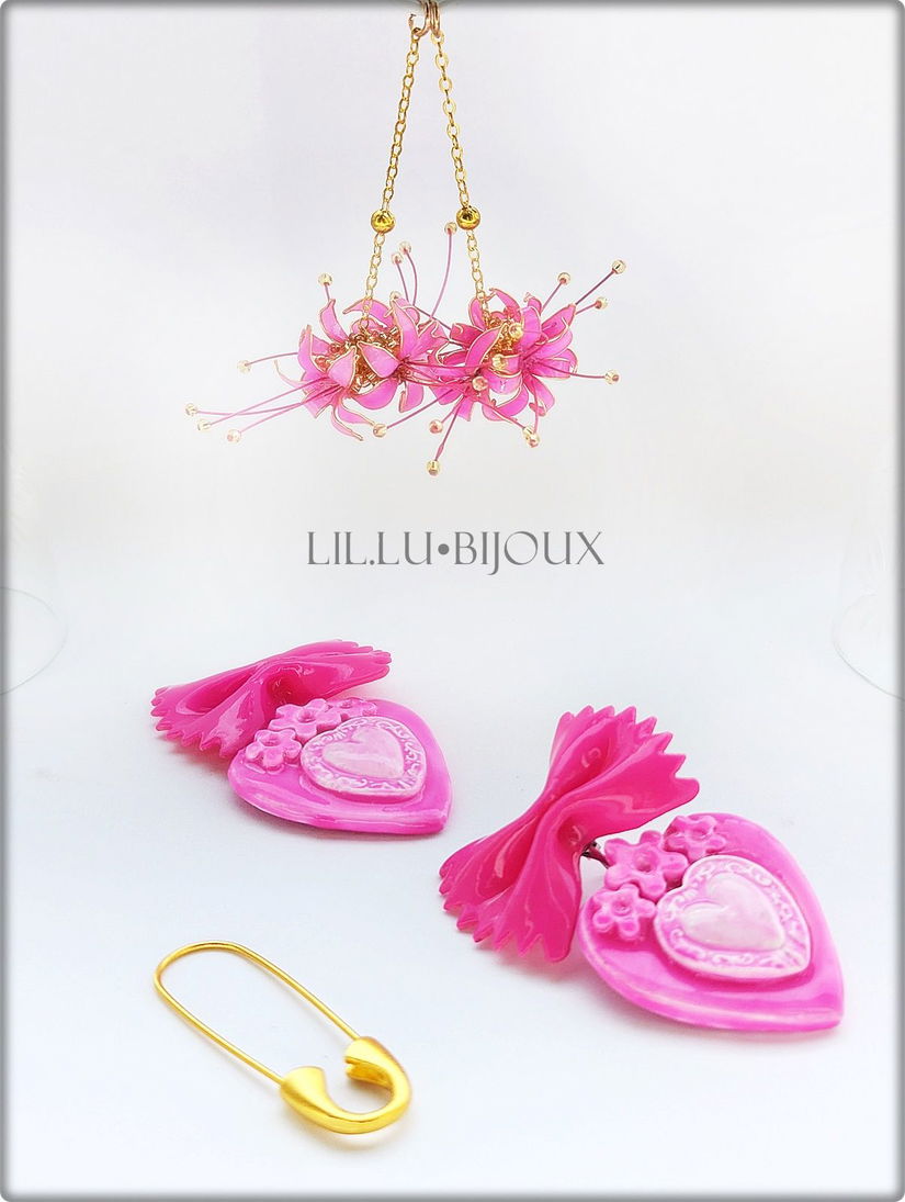 Cercei Handmade Farfalle Sugar Bloom Cercei 3 in1 cu Fundiță, Inimă și Flori, Bijuterii Unicat LIL.LU.BIJOUX