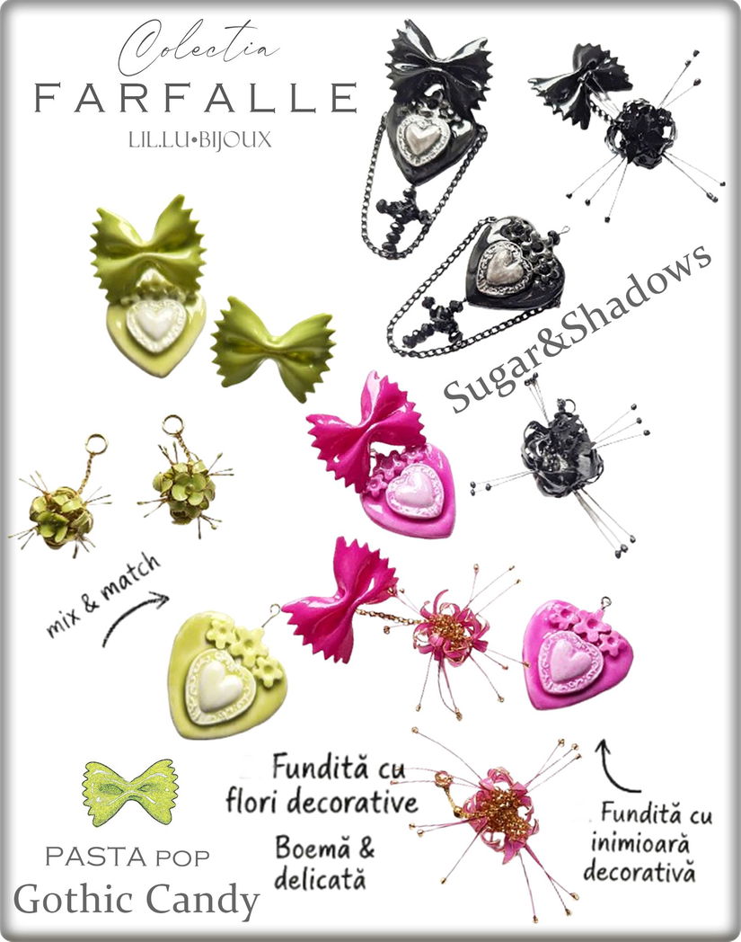 Cercei Handmade Farfalle Sugar Bloom Cercei 3 in1 cu Fundiță, Inimă și Flori, Bijuterii Unicat LIL.LU.BIJOUX