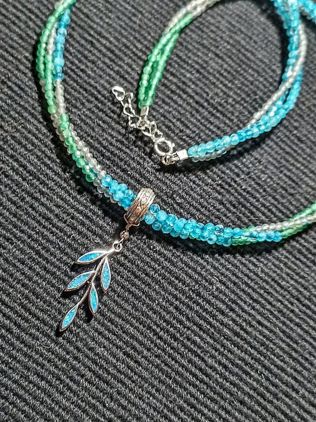 Colier argint X3 calcedonie verde albastra labradorit charm argint frunza nuante minimalist boho chic trendy -Transport gratuit