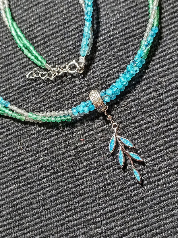 Colier argint X3 calcedonie verde albastra labradorit charm argint frunza nuante minimalist boho chic trendy -Transport gratuit