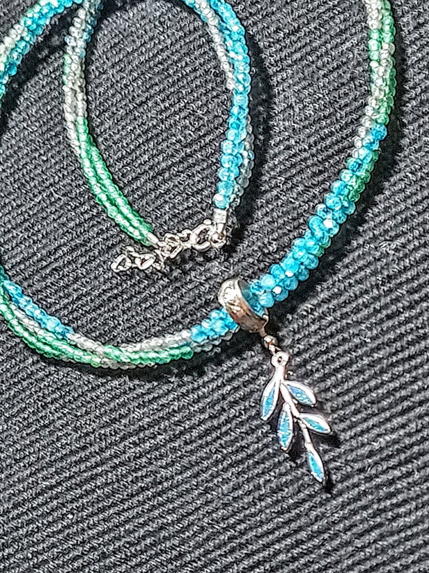 Colier argint X3 calcedonie verde albastra labradorit charm argint frunza nuante minimalist boho chic trendy -Transport gratuit