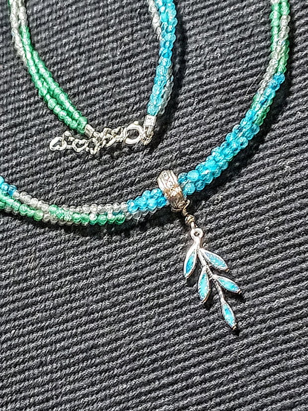 Colier argint X3 calcedonie verde albastra labradorit charm argint frunza nuante minimalist boho chic trendy -Transport gratuit